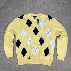 Club Room Argyle Sweater Mens XL Yellow V-Neck Knit Classic Preppy Academia NWT